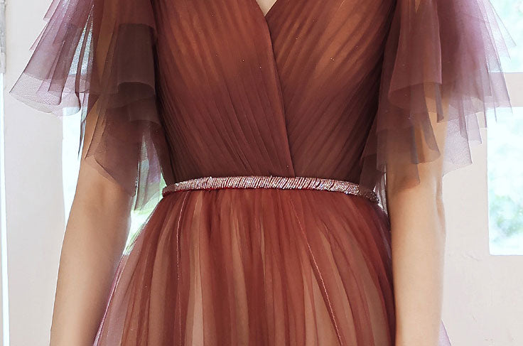 Burgundy Flutter Sleeve Fit & Flare Tulle Prom Dress