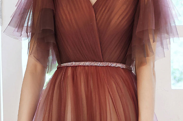 Burgundy Flutter Sleeve Fit & Flare Tulle Prom Dress