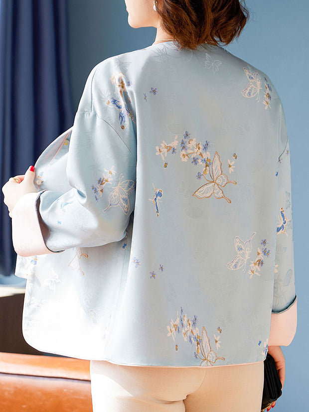 Blue Pink Embroidered Cheongsam Jacket Blouse