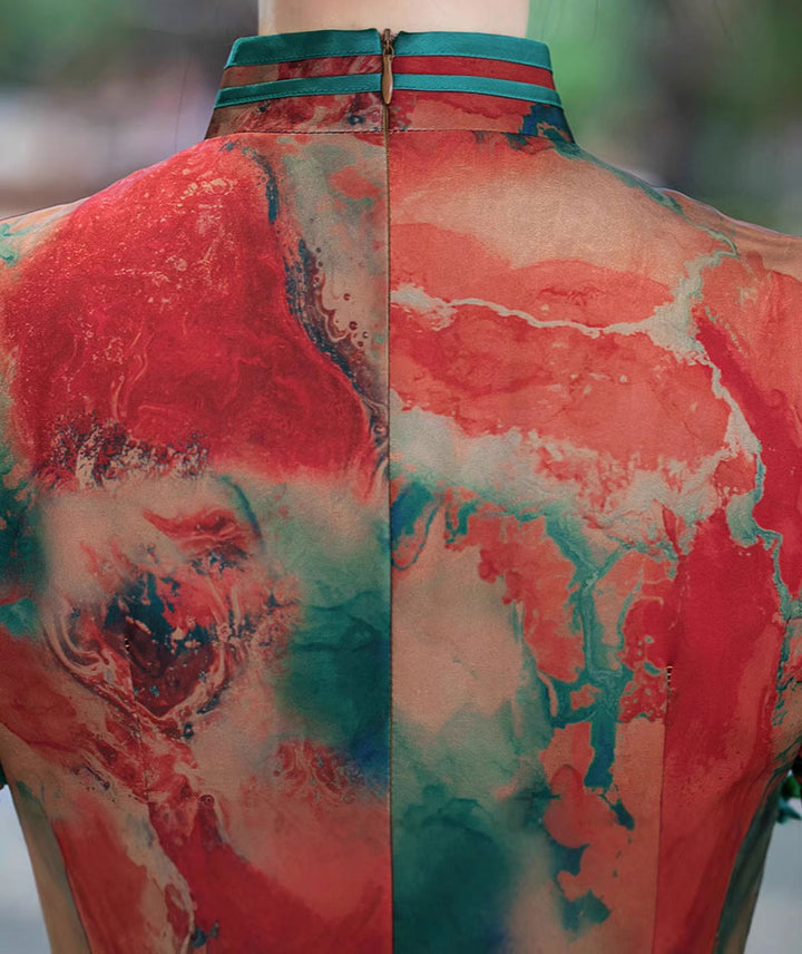 Sunset Red Print Silk Mothers Maxi Qipao Cheongsam Dress