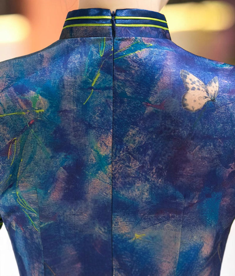 Blue Print Silk Long Qipao Cheongsam Dress