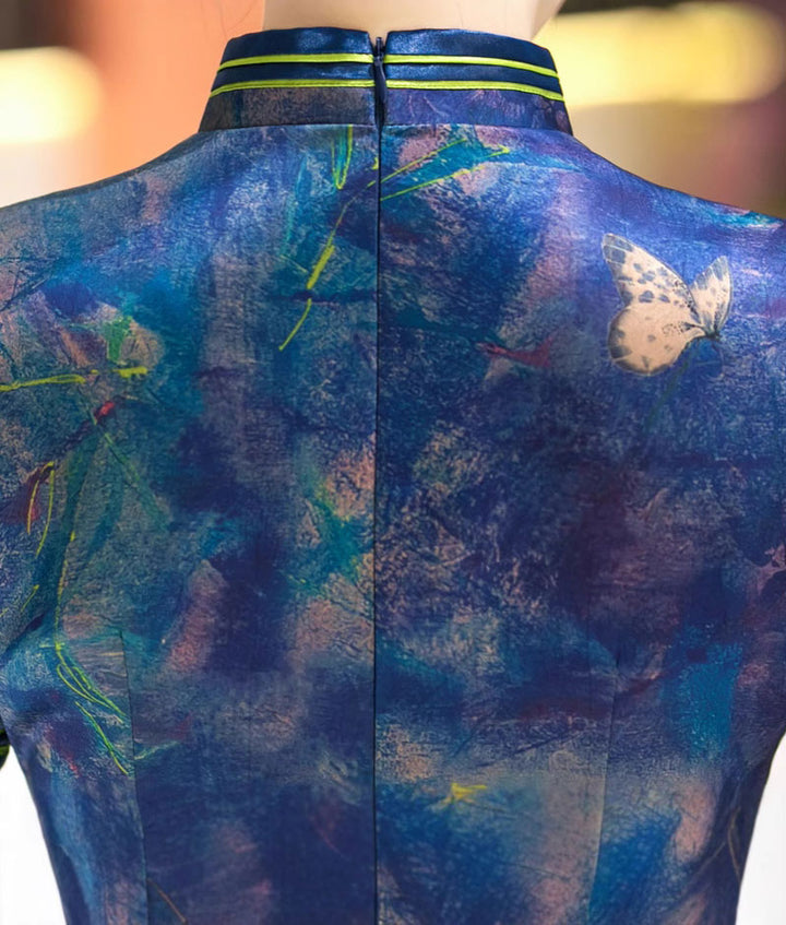 Blue Print Silk Long Qipao Cheongsam Dress