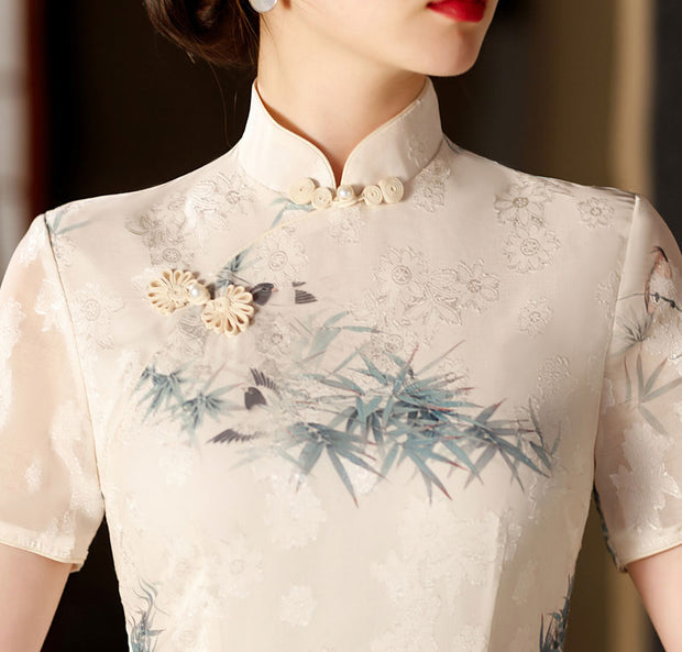 White Bamboo Jacquard Midi Cheongsam Qipao Dress
