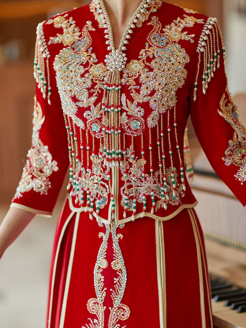 Beads Appliques Tassels V-Neck Bridal Qun Gua Xiuhe