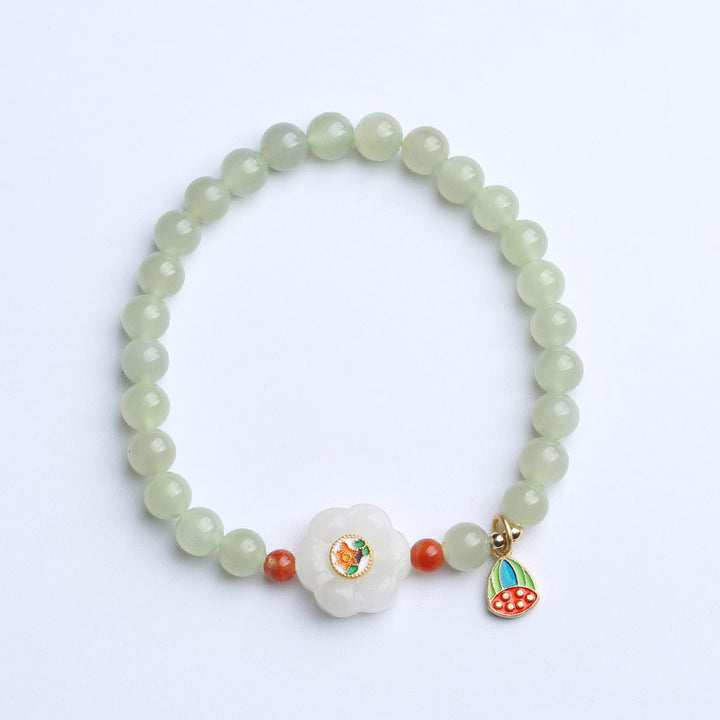 Green Jade Beads Silver Lotus Pendant Woman Bracelets