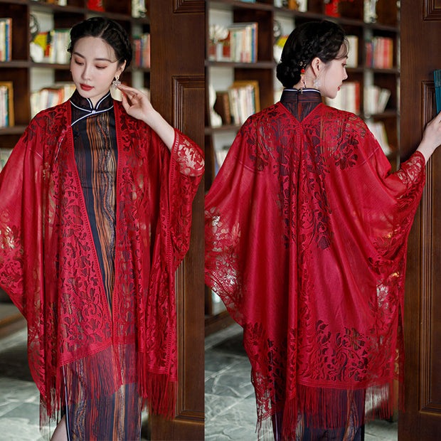 Red Beige Lace Tassels Cheongsam Wrap Shawl