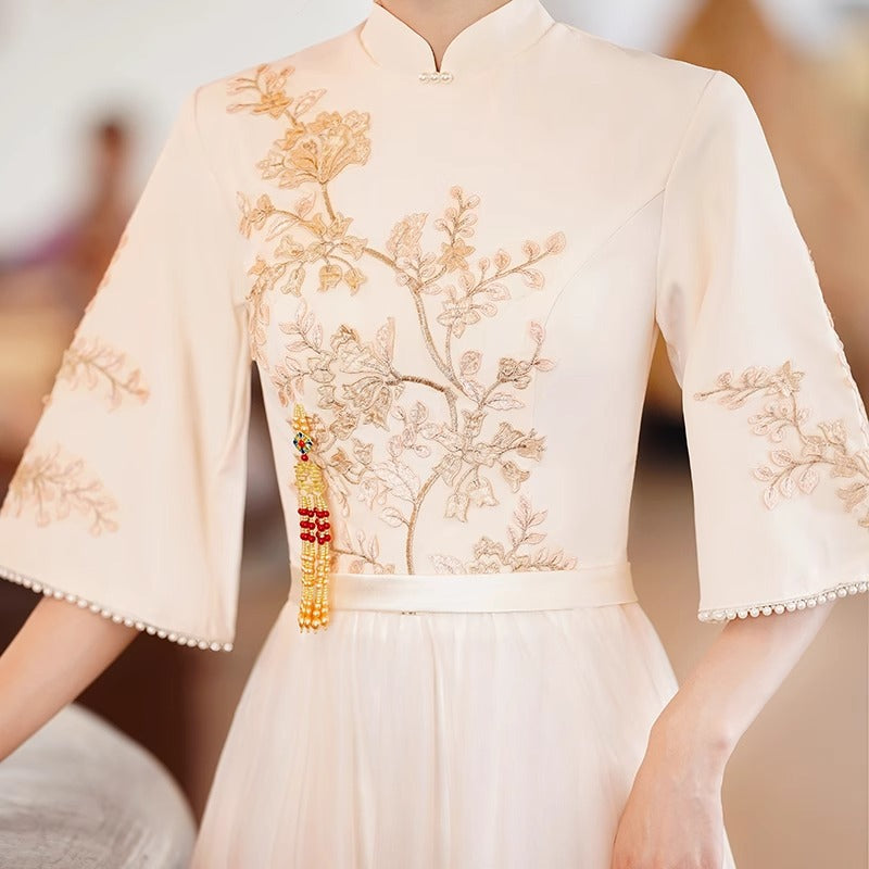 Champagne Appliques Bell Sleeve Tulle Cheongsam Qipao Dress