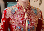 Red Sequins Beaded Phoenix Velvet Wedding Bride Qun Kwa Xiuhe
