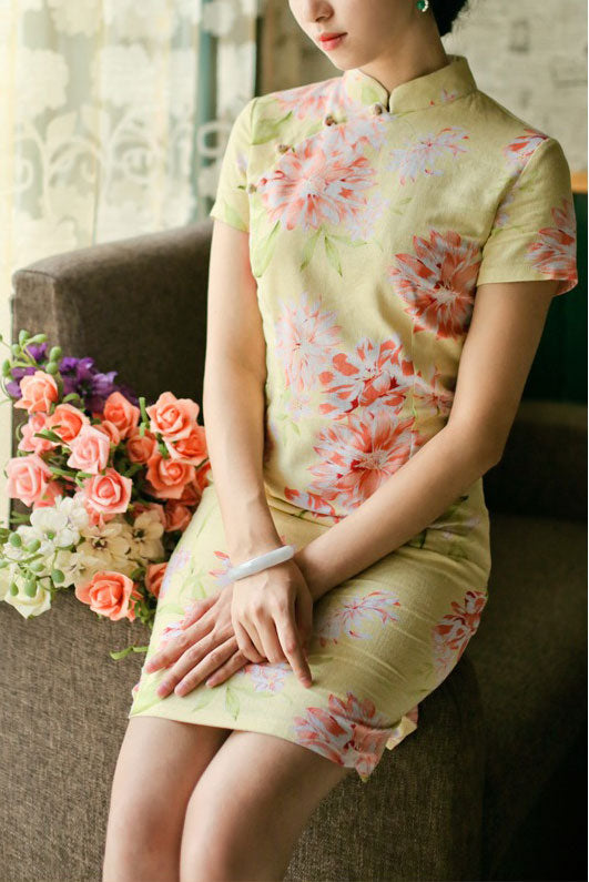 Clearance Yellow Floral Linen Qipao Cheongsam Dress