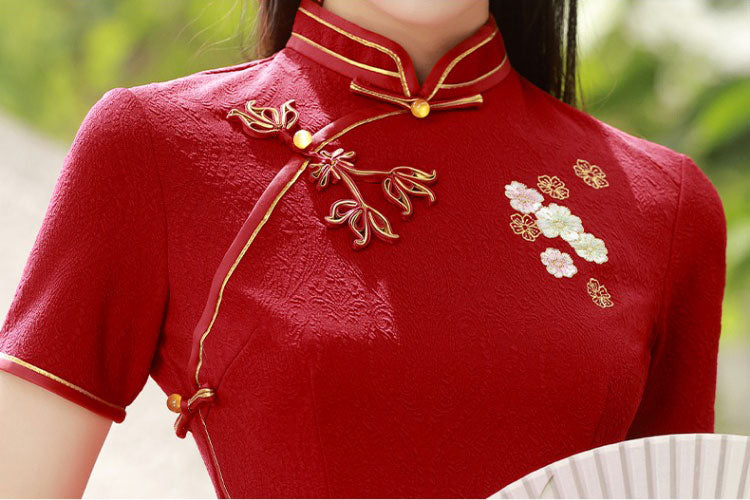 Red Embroidered Jacquard Midi Wedding Bride Cheongsam Dress
