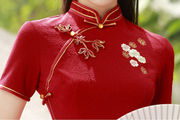 Red Embroidered Jacquard Midi Wedding Bride Cheongsam Dress