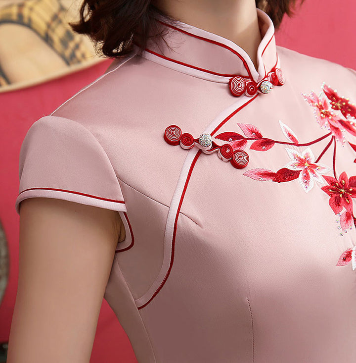Green Pink Beaded Embroidered Cheongsam Qipao DressPink Beaded Embroidered Long Cheongsam Qipao Dress