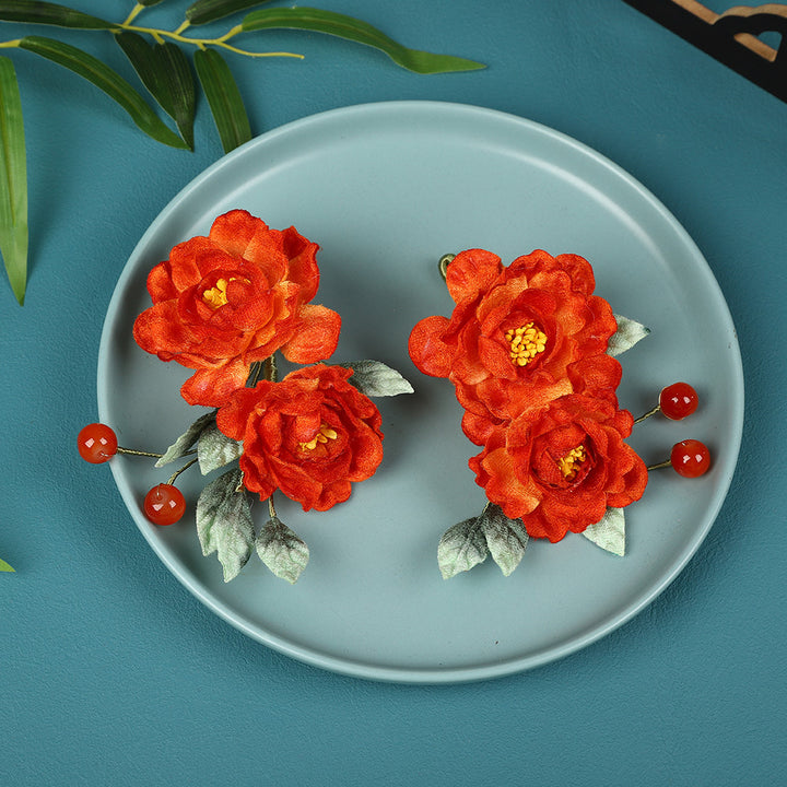 2 Pcs Orange Fabrics Flower Vine Hair Pins Clips