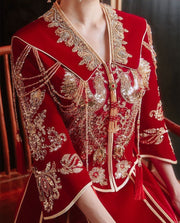 Sequins Beads Phoenix V-Neck Bridal Qun Gua Xiuhe