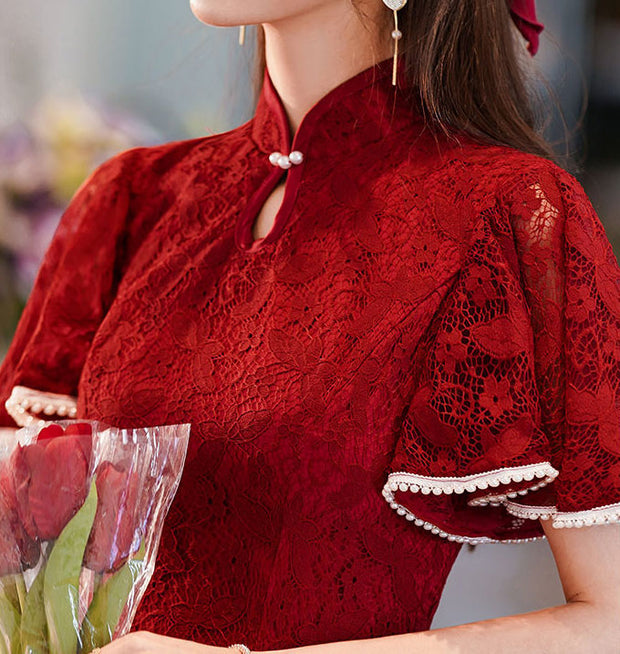 Burgundy Lace Flutter Sleeve A-line Cheongsam Qipao Dress