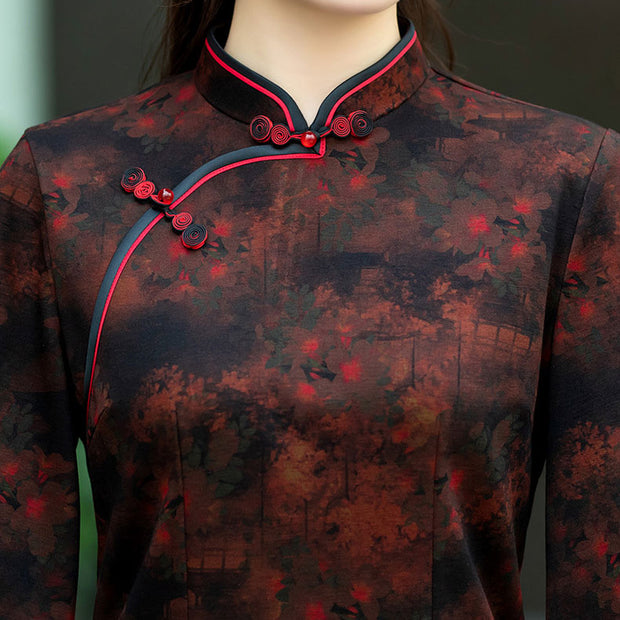 Red Floral Print Mothers Cheongsam Blouse Top