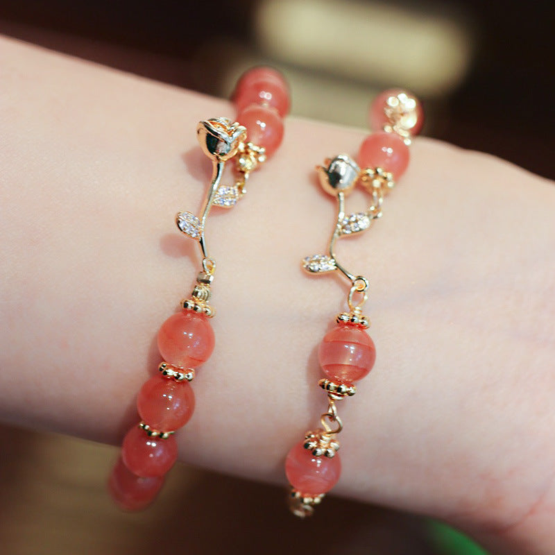 Pink Agate Rose Vine Woman Beads Bracelets
