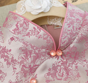 Pink Jacquard Floral Sleeveless Long Cheongsam Qipao Dress