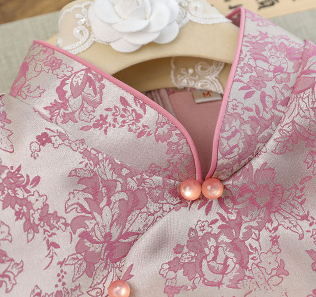 Pink Jacquard Floral Sleeveless Long Cheongsam Qipao Dress