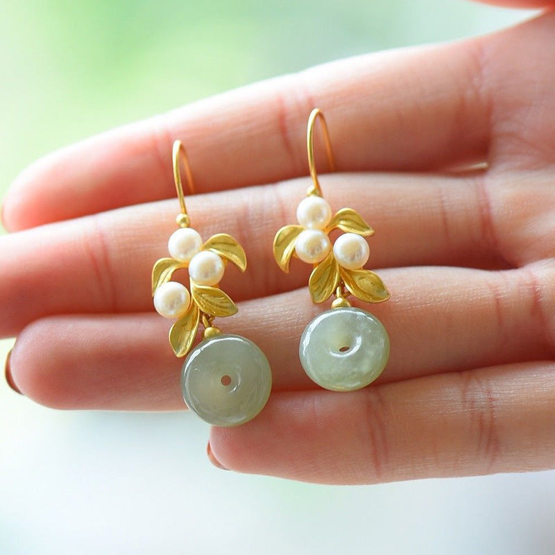 Gold Plated Leaf Pearl Jade Drop Dangle Earrings