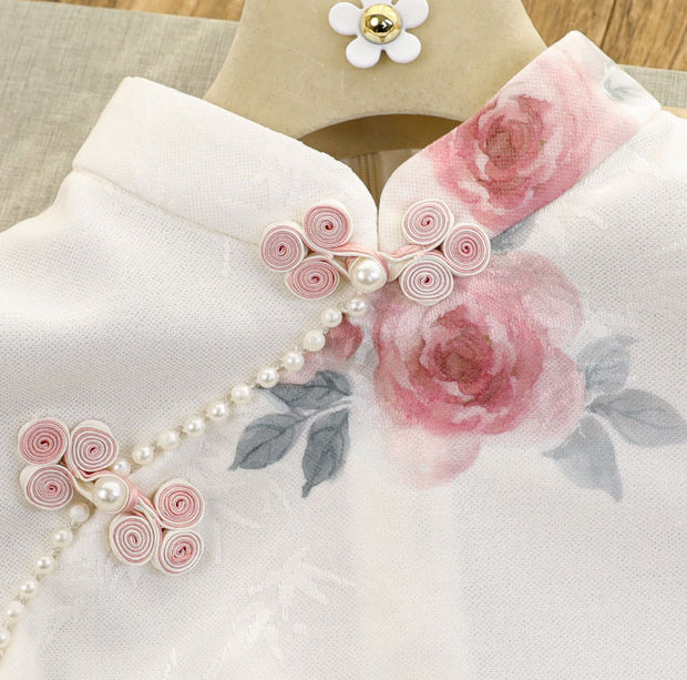 White Floral Bell Sleeve Cheongsam Qipao Dress