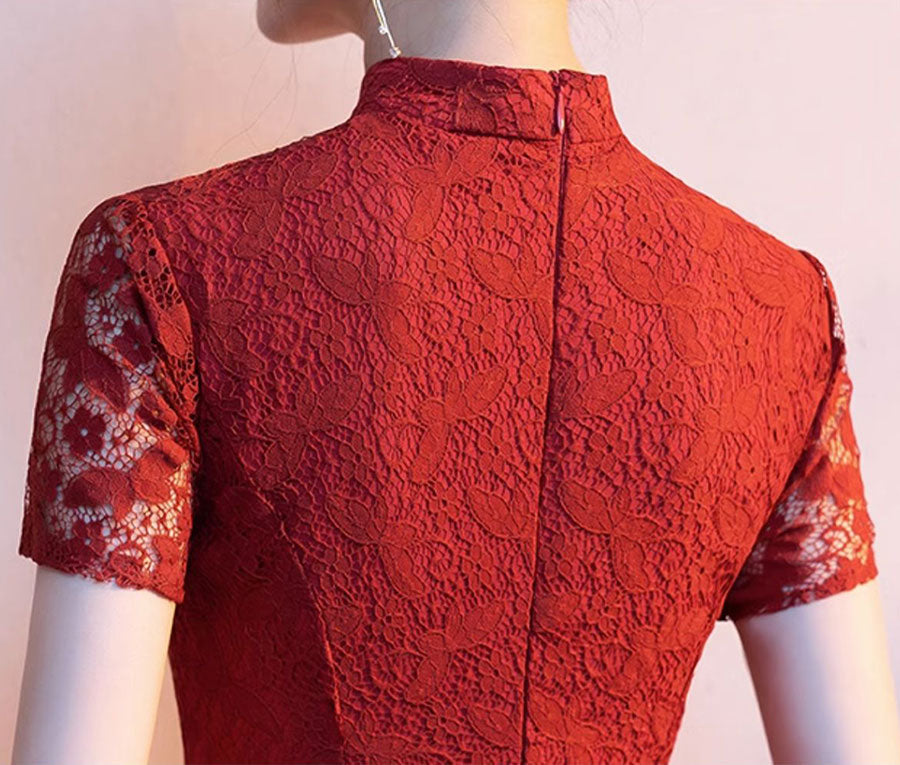 Red Lace Tassels Fishtail Bride Wedding Cheongsam Gown