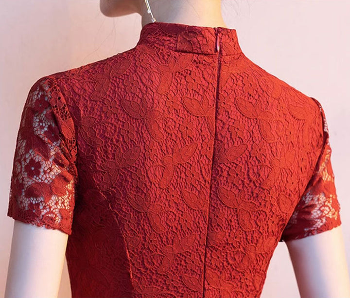 Red Lace Tassels Fishtail Bride Wedding Cheongsam Gown