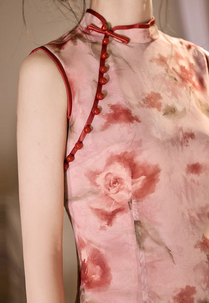 Pink Black Summer Floral Print Cheongsam Qipao Dress