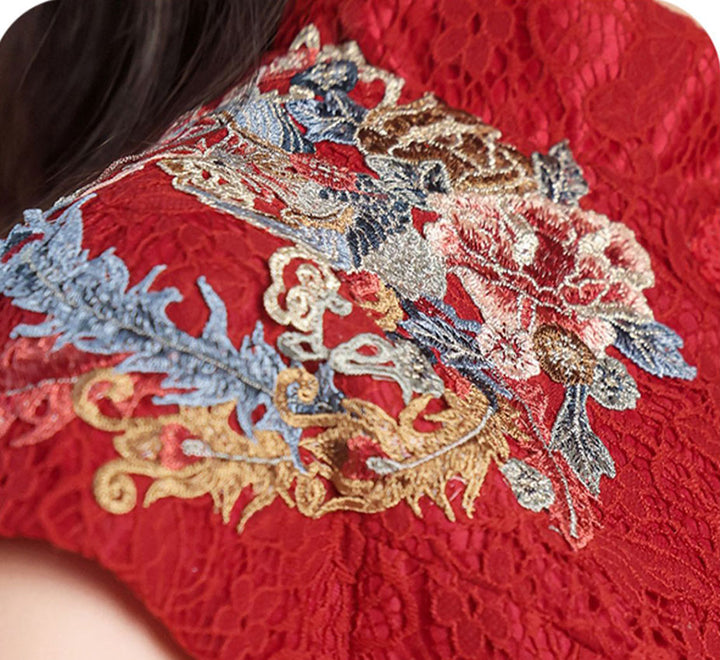 Red Lace Embroidered Fishtail Bride Wedding Cheongsam Gown