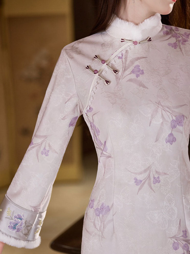 Purple Floral Long Sleeve Winter Cheongsam Qipao Dress