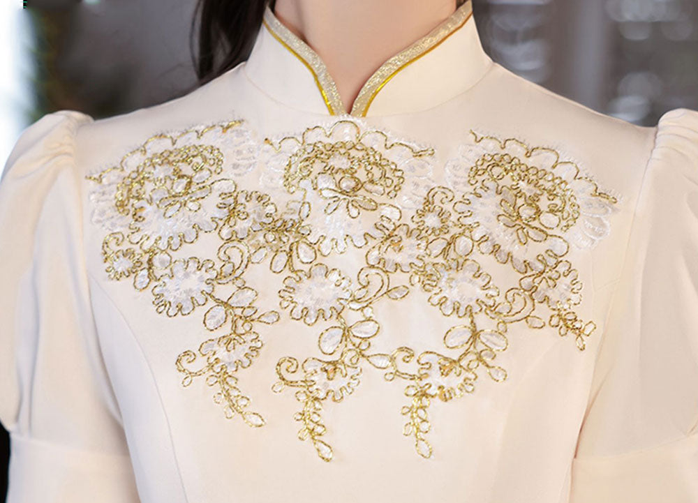 Champagne Midi A-Line Appliques Cheongsam Prom Dress