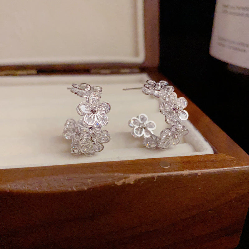 S925 Silver Zirconia Plated Flower Hoop Earrings