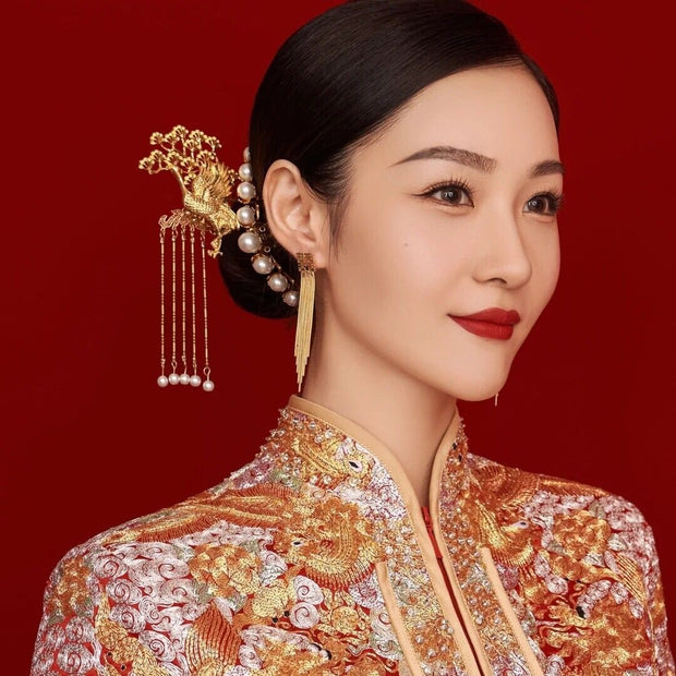 4 Pcs Bridal Wedding Alloy Pearls Hairpins Clips & Earrings