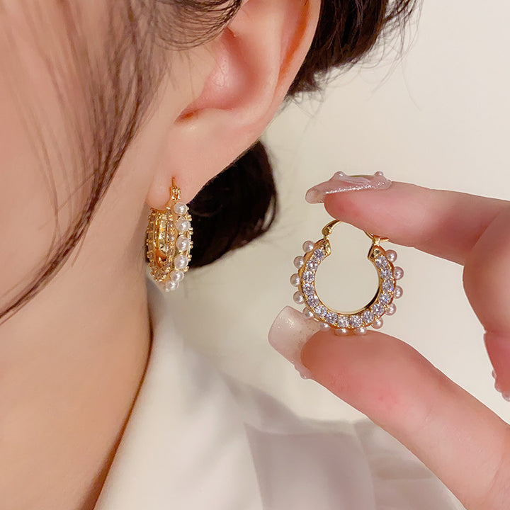 Gold Plated Rhinestone Pearls Hoop Earrings