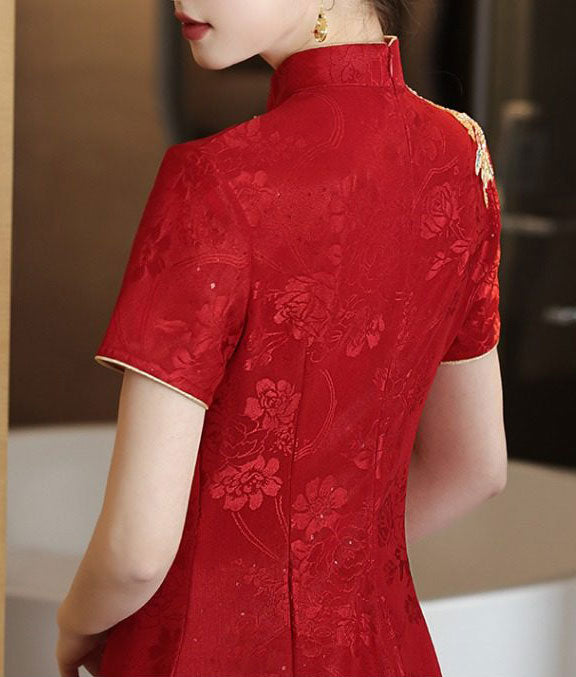 Red Embroidered A-Line Wedding Bridal Cheongsam Qipao Dress