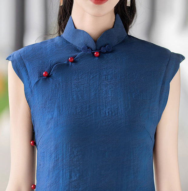 Blue Sleeveless Long Cheongsam Qipao Dress