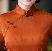 Orange Jacquard Silk Midi Qipao Cheongsam Dress