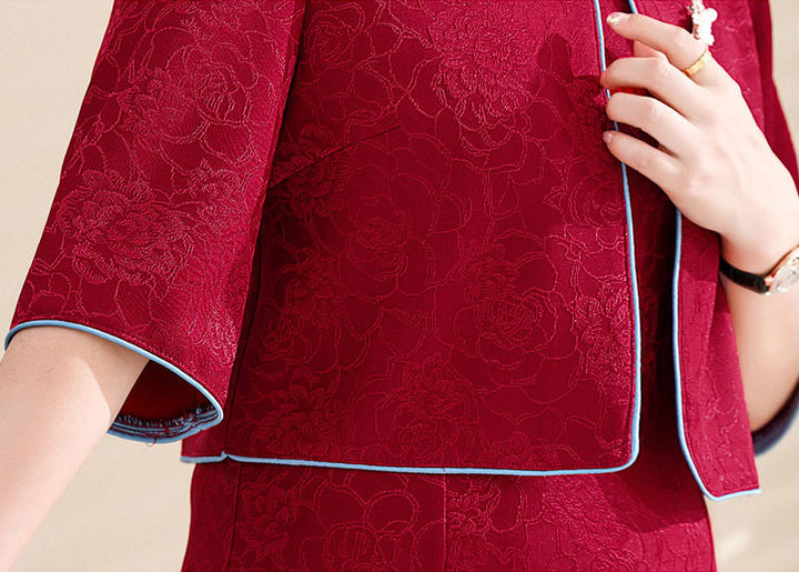 2 Pieces Red Bride Mothers Jacquard Cheongsam Qipao Dress & Jacket
