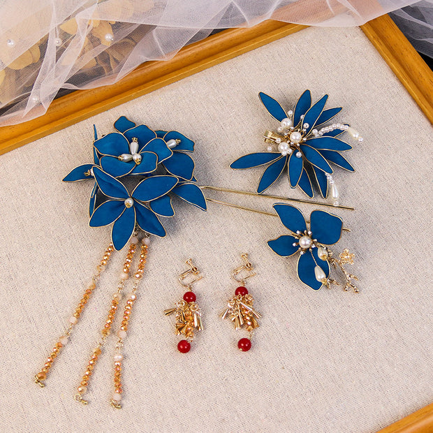 3 Pcs Blue Wedding Flower Hair Clips Pins & Earrings