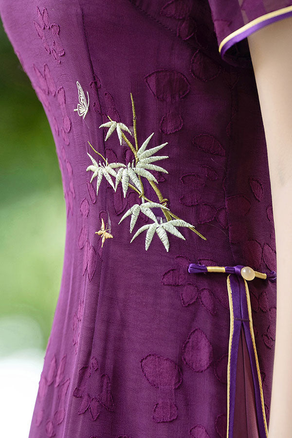 2024 Purple Embroidered Bamboo Cheongsam Qipao Dress