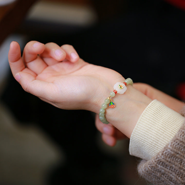 Green Jade Beads Silver Lotus Pendant Woman Bracelets