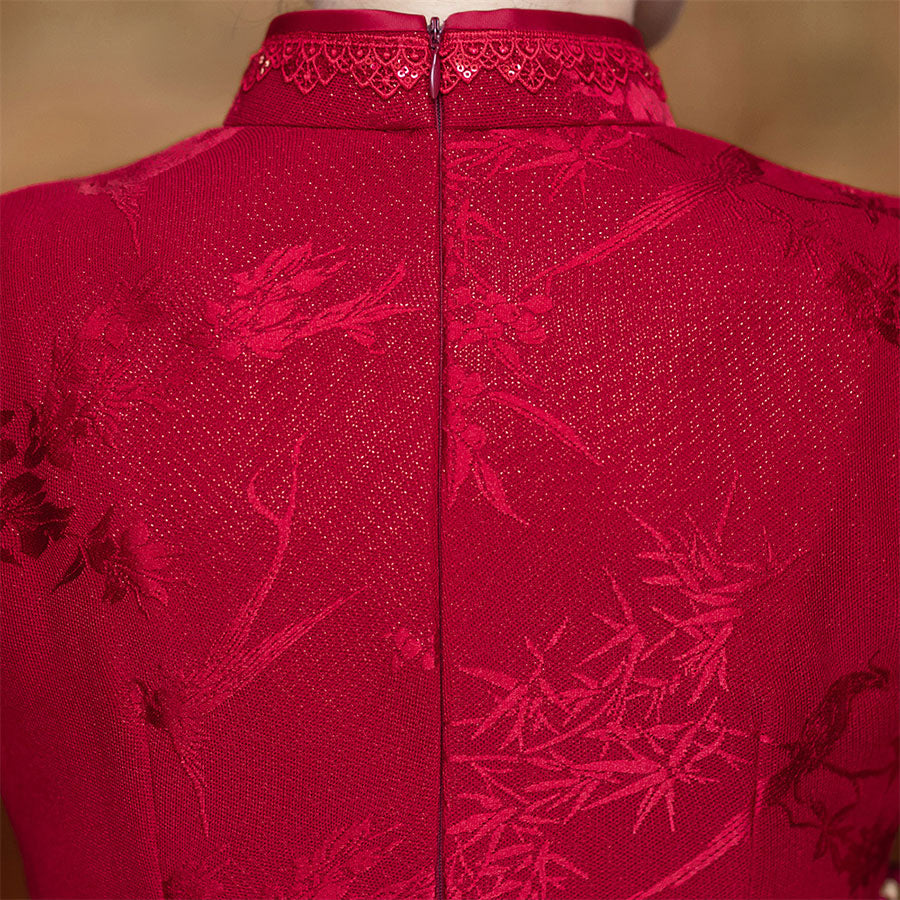 Red Jacquard Mothers Midi Cheongsam Qipao Dress