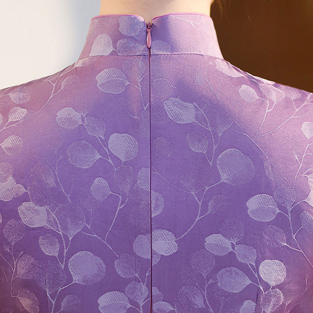 Purple Blue Jacquard Floral Cheongsam Qipao Dress