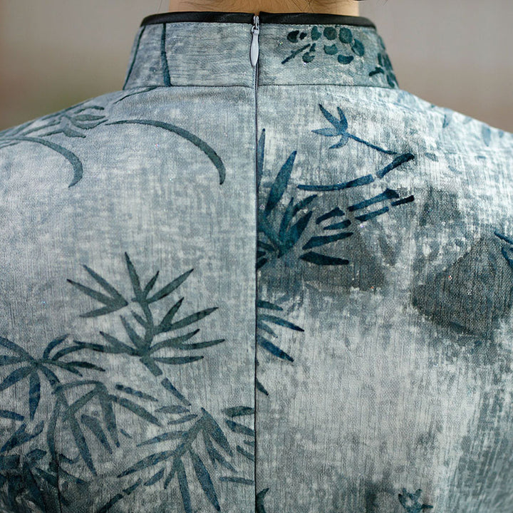 2023 Winter Gray Black Floral Midi Cheongsam Qipao Dress