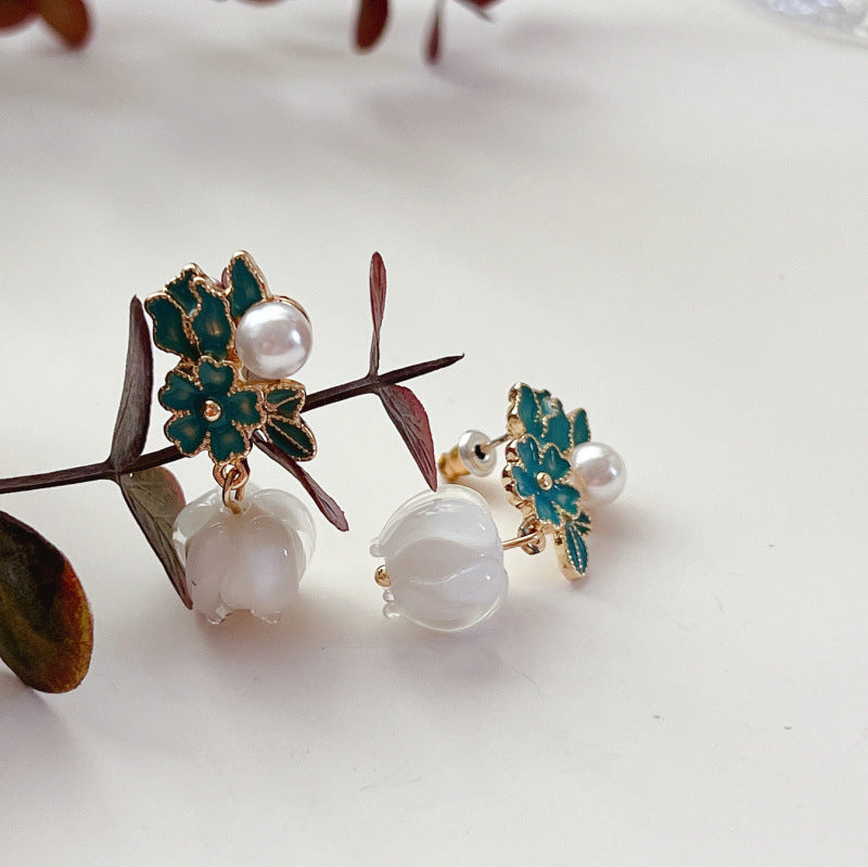 Purple White Glaze Flower Dangle Drop Earrings