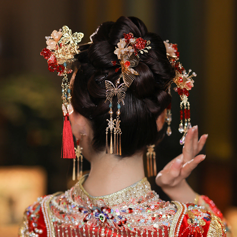 4 Pcs Bridal Flower Hair Combs Clips & Earrings