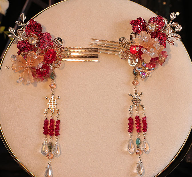 4 Pcs Bridal Flower Hair Combs Clips & Earrings