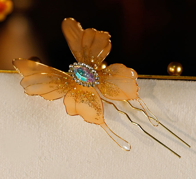 5 Pcs Bridal Orange Flower Butterfly Hairpins Clips & Earrings