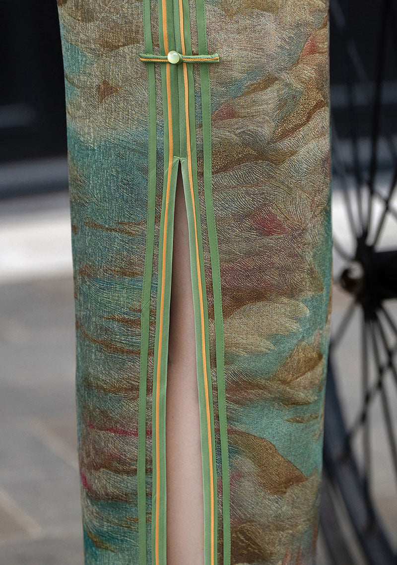 Green Print Linen Half Sleeve Maxi Cheongsam Qipao Dress