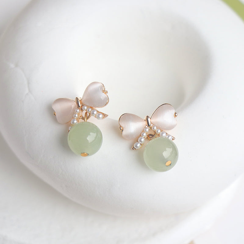 Glaze Jade Pearls Bow Dangle Earrings
